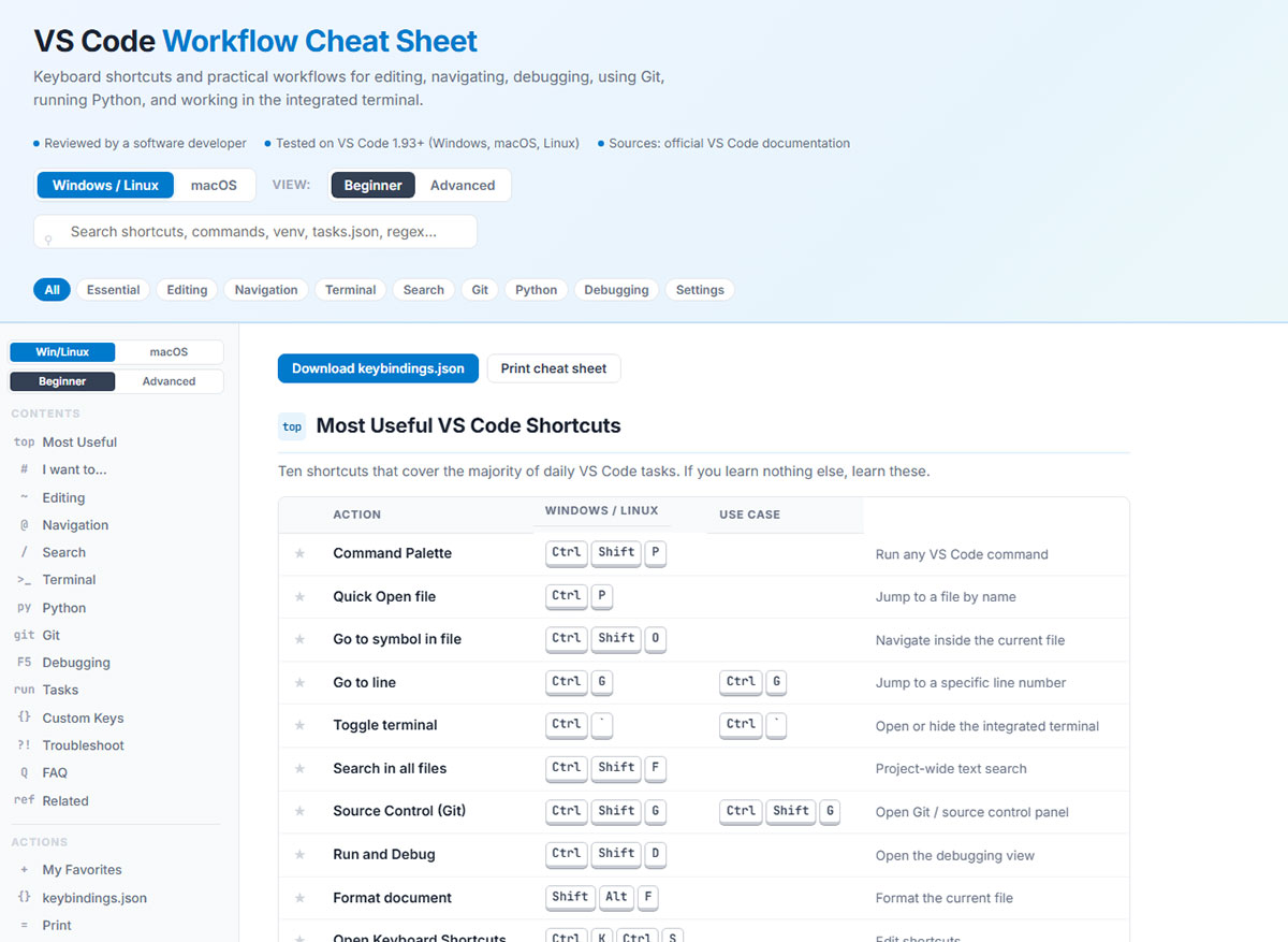 VS Code Workflow Cheat Sheet: Shortcuts, Terminal, Git, Python, Debugging