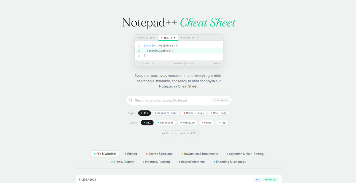 Notepad++ Cheat Sheet by TMS Outsource